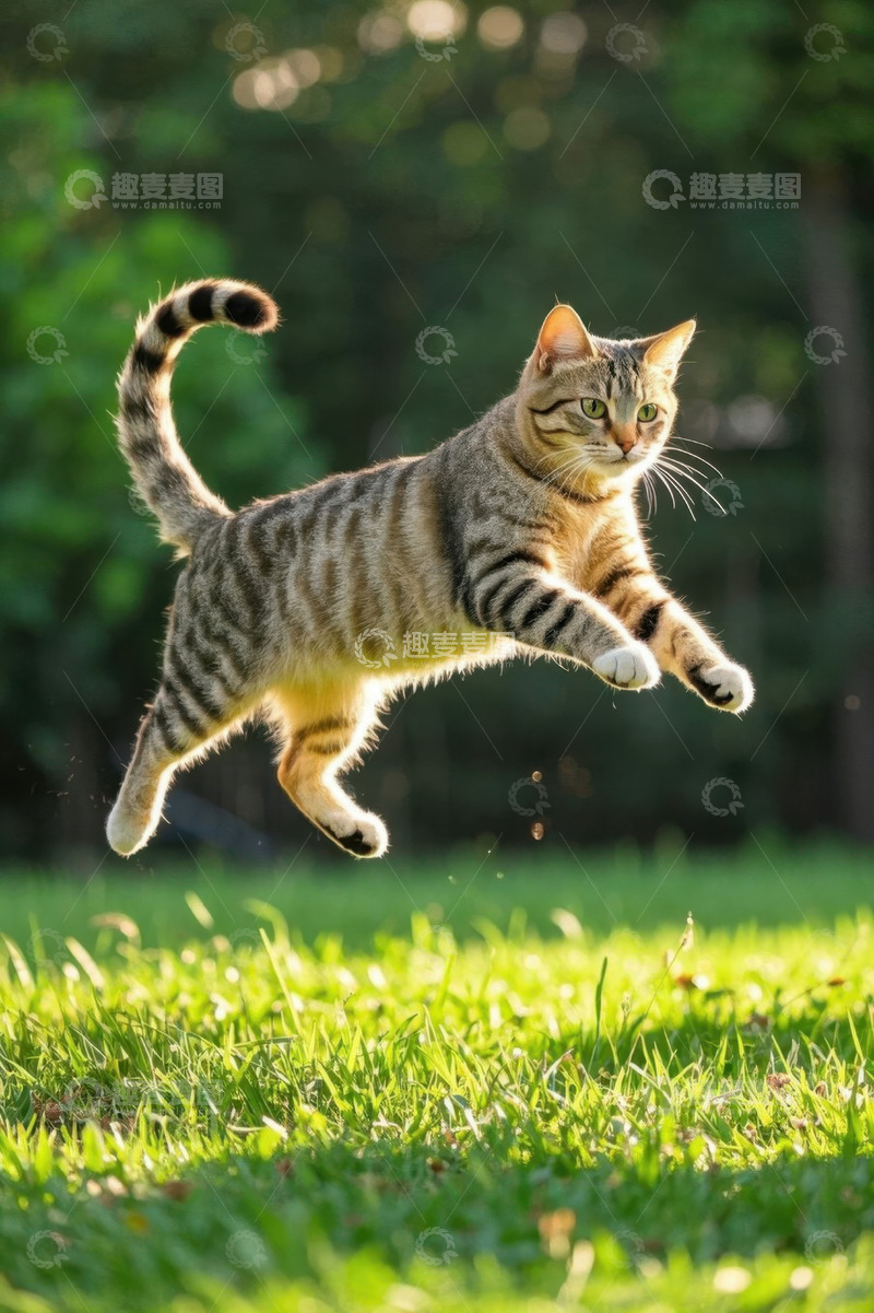 高清大图下载【趣麦麦图】户外草地上跳跃的狸花猫
