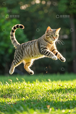 户外草地上跳跃的狸花猫