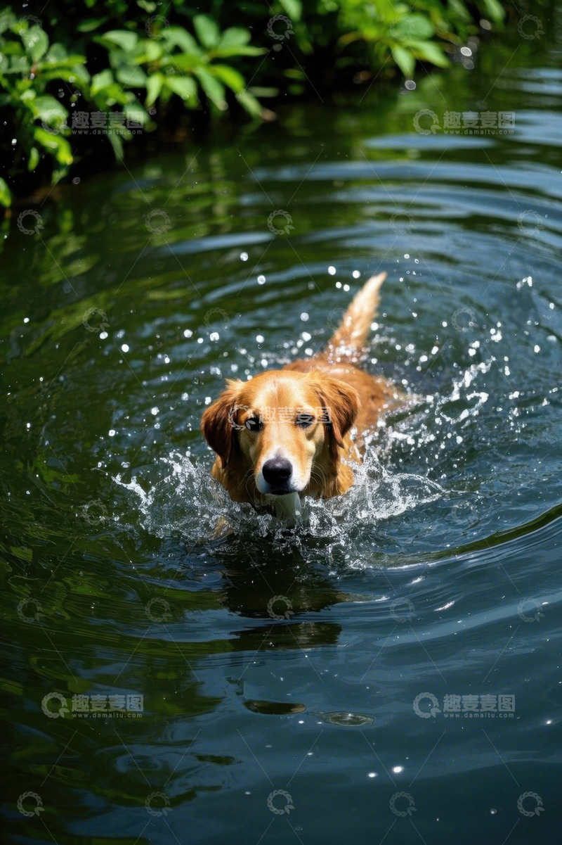 高清大图下载【趣麦麦图】金毛犬在水中游泳