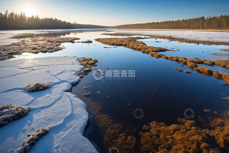 高清大图下载【趣麦麦图】冬日河流冰雪交融景象