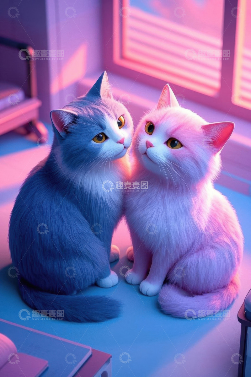 高清大图下载【趣麦麦图】室内两只可爱猫咪亲昵画面
