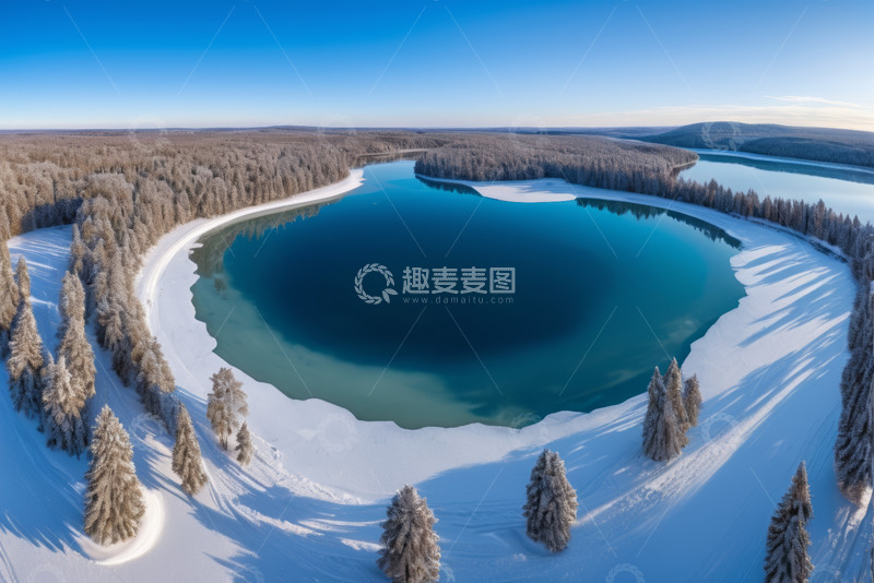 高清大图下载【趣麦麦图】冬季森林中的湖泊鸟瞰