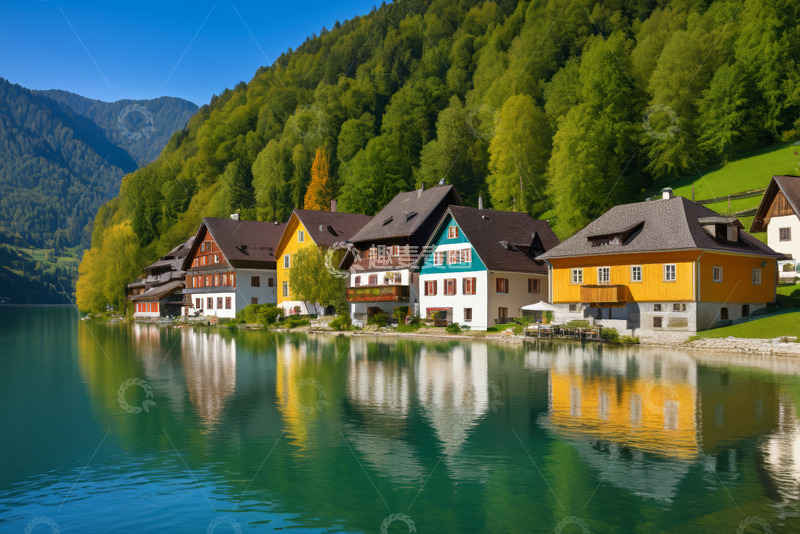 高清大图下载【趣麦麦图】湖畔彩色民居风景