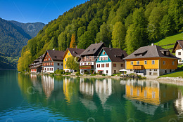 湖畔彩色民居风景