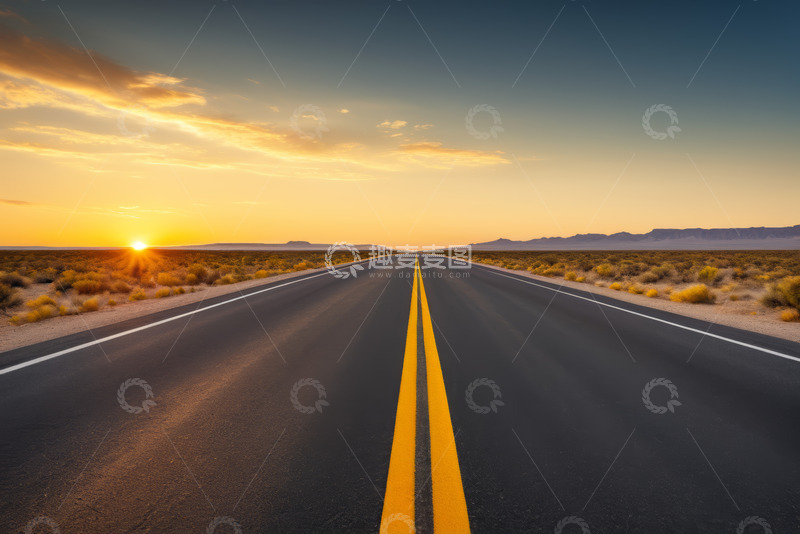 高清大图下载【趣麦麦图】夕阳下空旷的公路景象