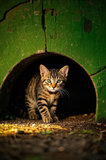 从洞口走出的斑纹小猫