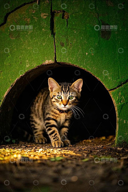 从洞口走出的斑纹小猫
