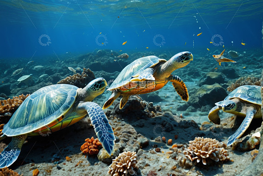 海洋中游泳的海龟与珊瑚景观