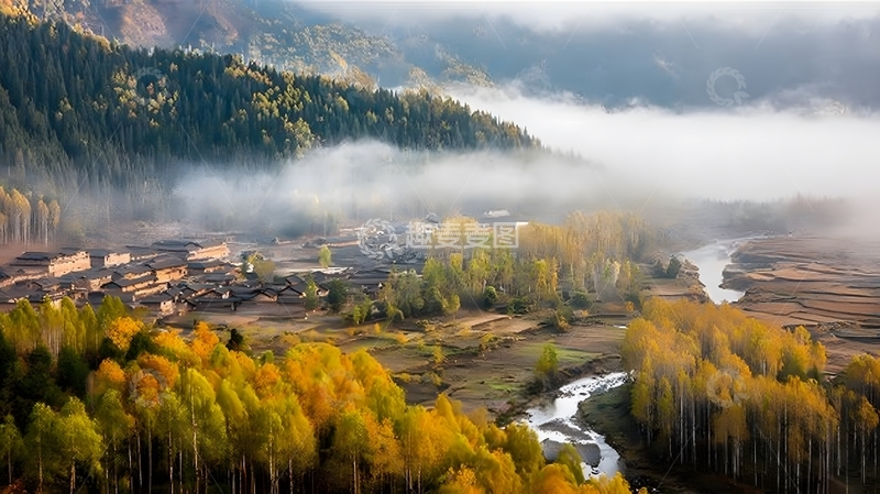 高清大图下载【趣麦麦图】秋色山村云雾缭绕
