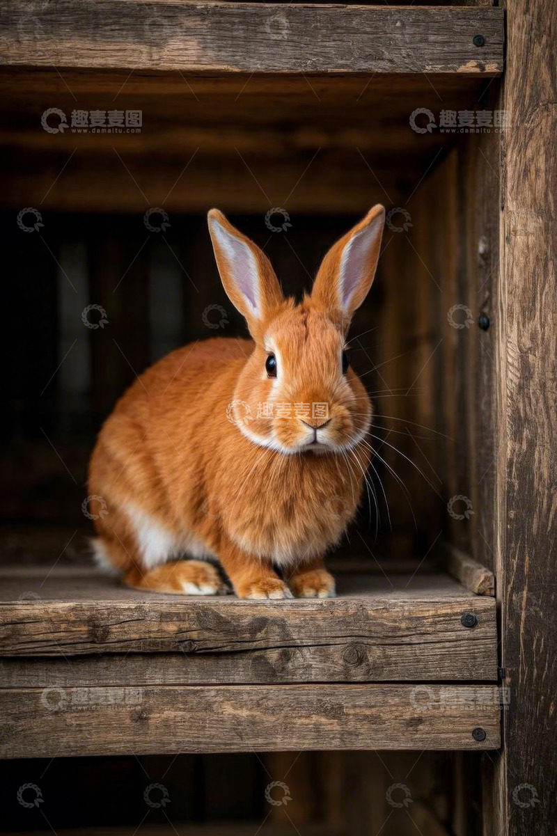 高清大图下载【趣麦麦图】木架上的橙色宠物兔子