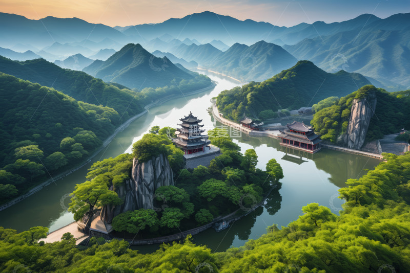 高清大图下载【趣麦麦图】山水间古建筑群鸟瞰图