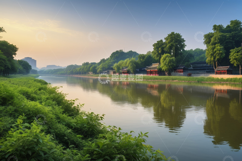 高清大图下载【趣麦麦图】河畔古建筑与自然风光景色