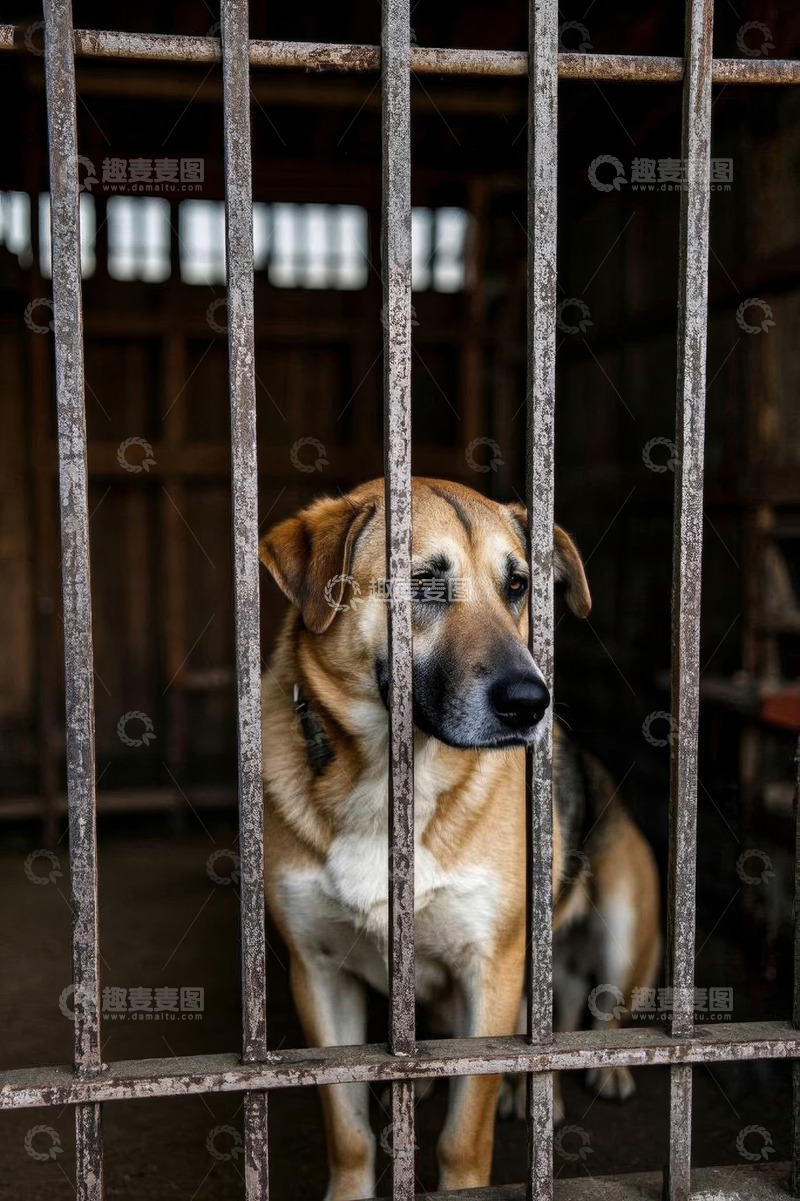 高清大图下载【趣麦麦图】铁笼中的宠物狗