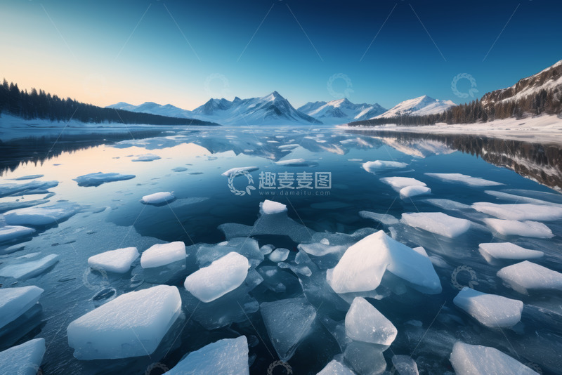 高清大图下载【趣麦麦图】湖面浮冰与远处雪山风景