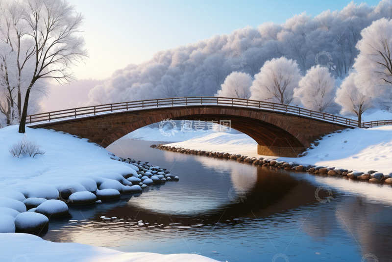高清大图下载【趣麦麦图】雪后石桥河流自然风光