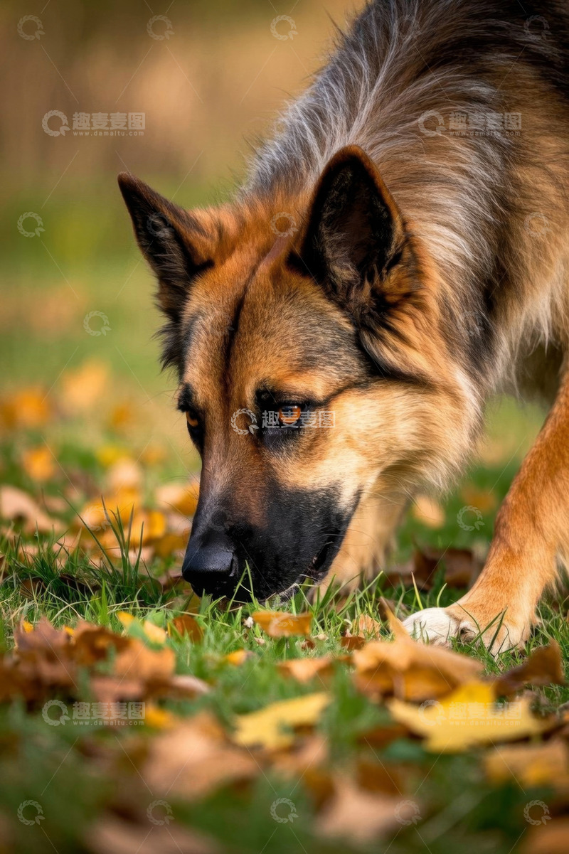 高清大图下载【趣麦麦图】户外草地德国牧羊犬嗅闻