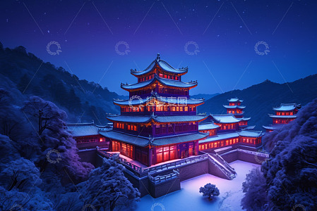 雪夜中式古建筑景观