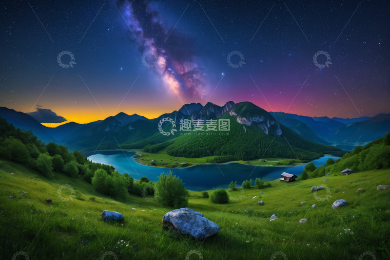 高清大图下载【趣麦麦图】山间湖泊星空夜景
