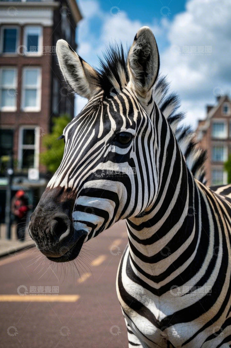 高清大图下载【趣麦麦图】城市街道上的斑马特写