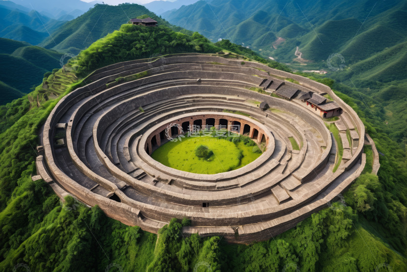 高清大图下载【趣麦麦图】航拍圆形土楼自然风光