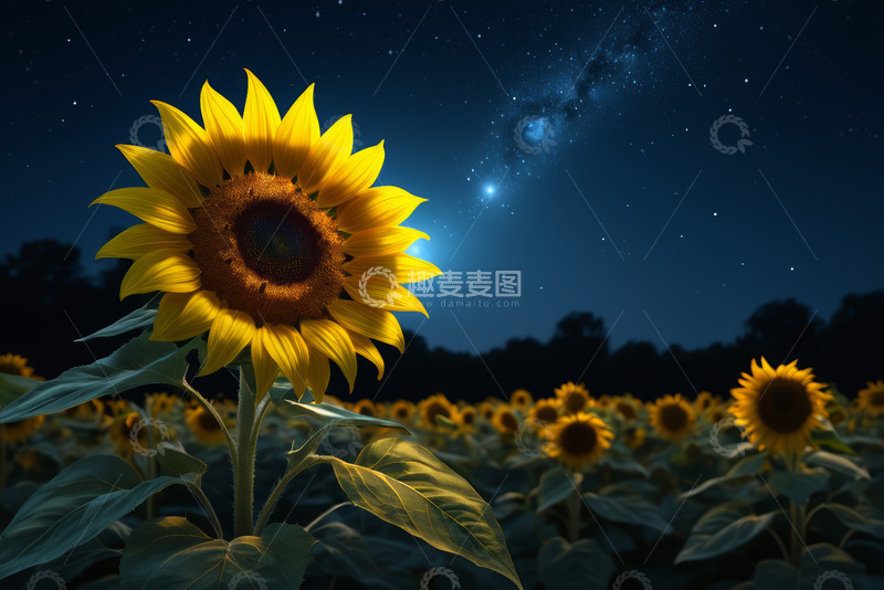 高清大图下载【趣麦麦图】夜晚向日葵田星空景象