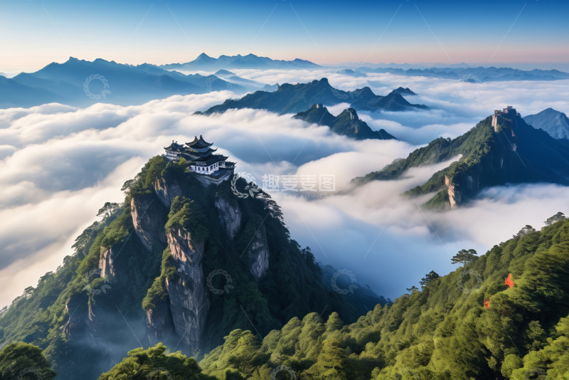 高清大图下载【趣麦麦图】山峦云海间的中式建筑景观