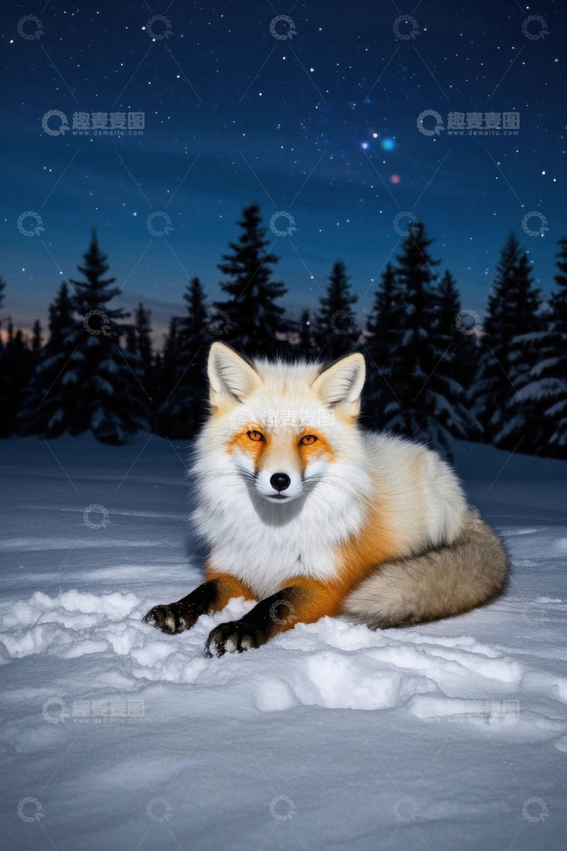 高清大图下载【趣麦麦图】雪地中的狐狸与星空夜景