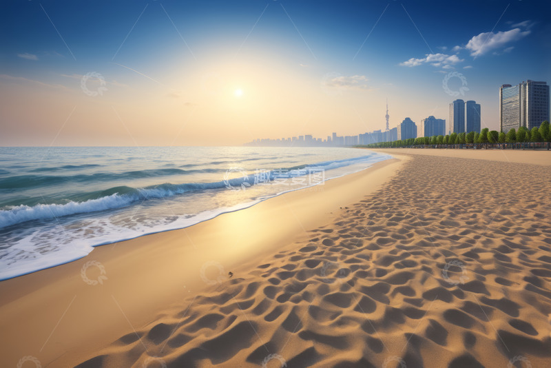 高清大图下载【趣麦麦图】城市海滨沙滩日落景观