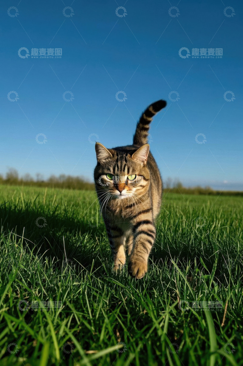 高清大图下载【趣麦麦图】草地上行走的虎斑猫
