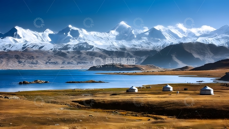 高清大图下载【趣麦麦图】雪山湖泊蒙古包自然风光摄影图片