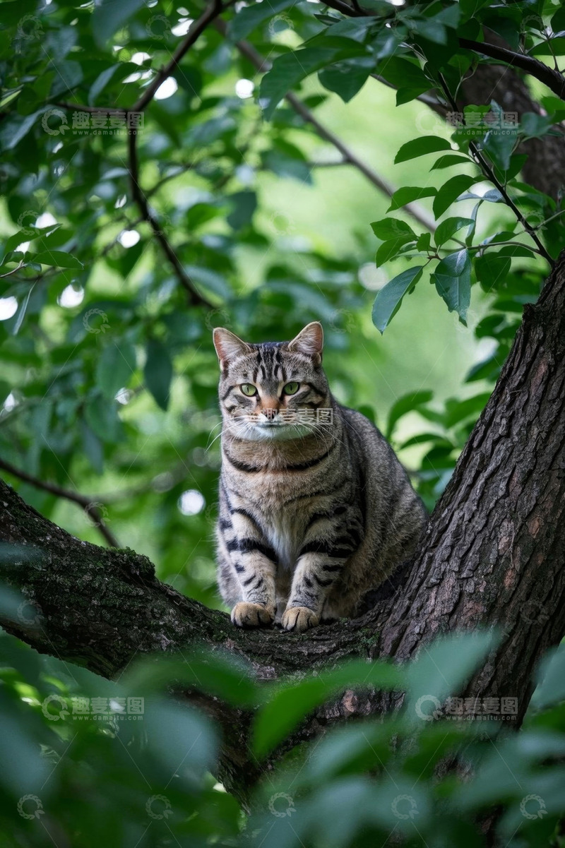 高清大图下载【趣麦麦图】树上的虎斑猫