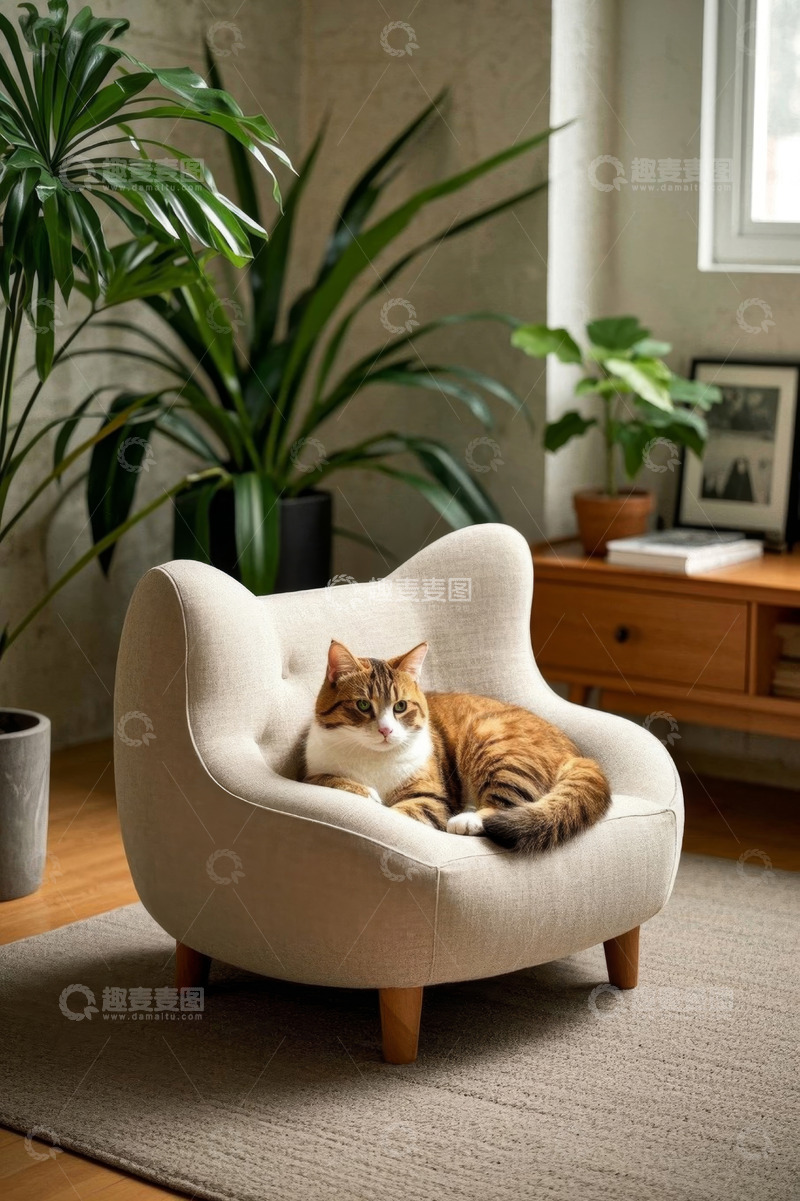 高清大图下载【趣麦麦图】猫咪卧于猫形椅上家居场景