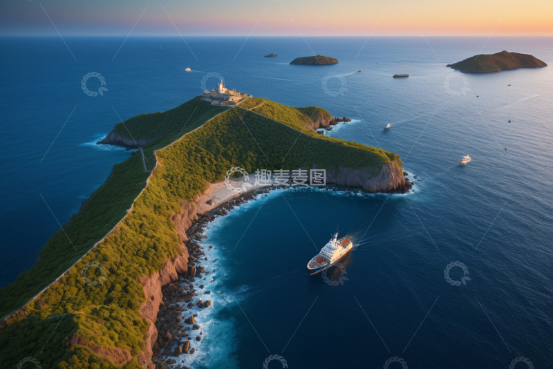 高清大图下载【趣麦麦图】海岛海岸边航行的船只景观