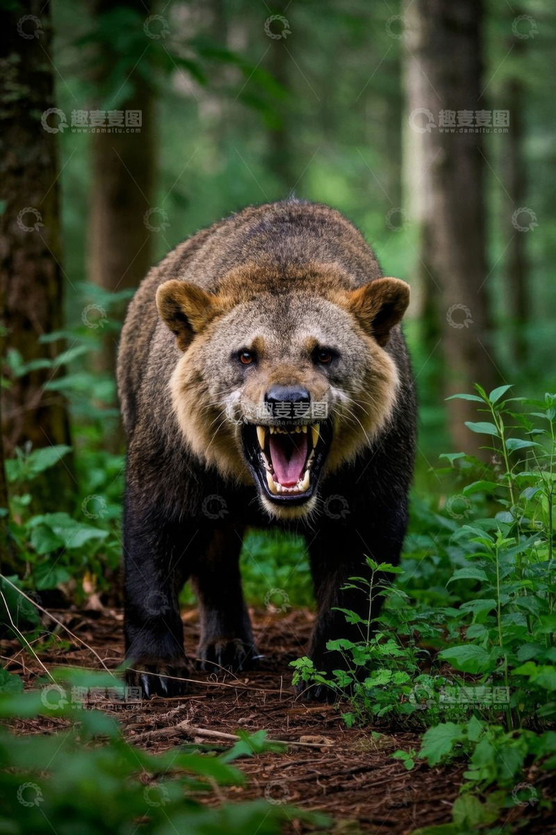 高清大图下载【趣麦麦图】森林中咆哮的棕熊