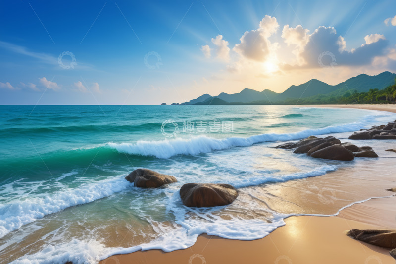 高清大图下载【趣麦麦图】阳光海滩海浪与岩石景观