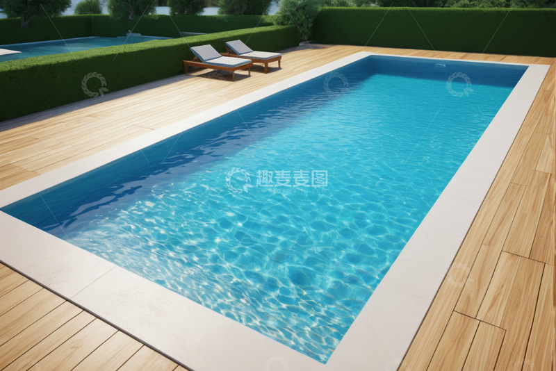 高清大图下载【趣麦麦图】户外木质平台上的蓝色游泳池