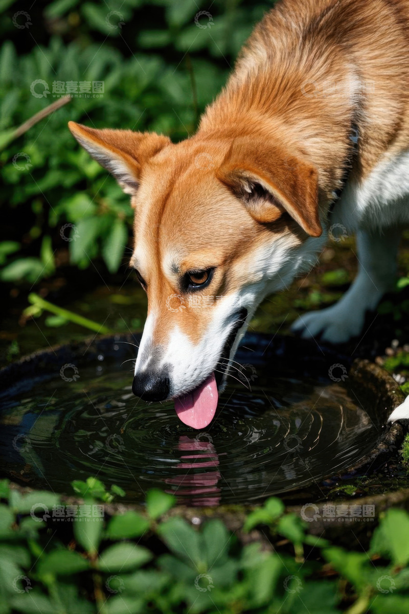 高清大图下载【趣麦麦图】户外狗狗低头舔水场景