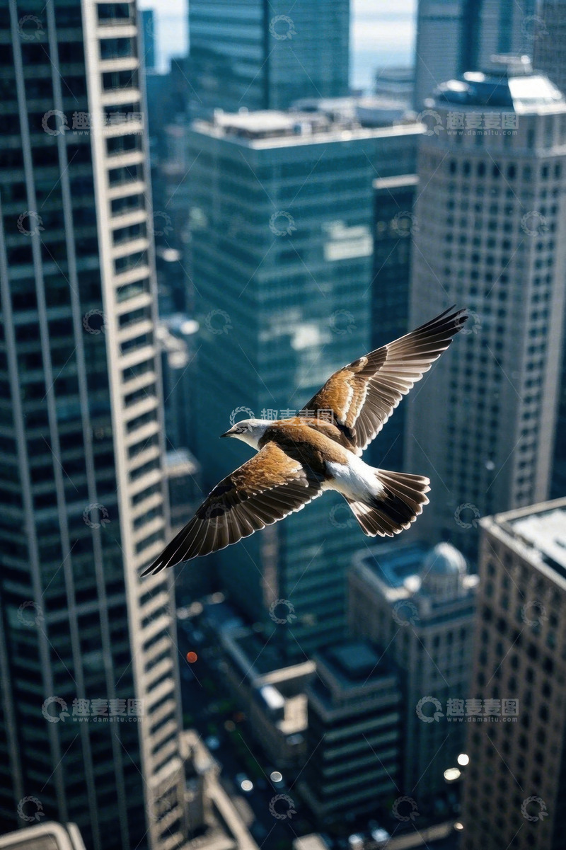 高清大图下载【趣麦麦图】飞鸟翱翔于城市高楼间