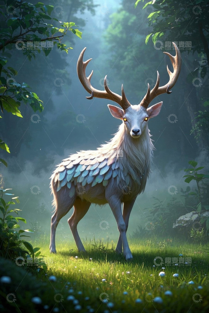 高清大图下载【趣麦麦图】森林中的奇幻白鹿