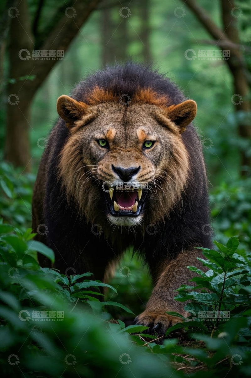 高清大图下载【趣麦麦图】森林中咆哮的雄狮