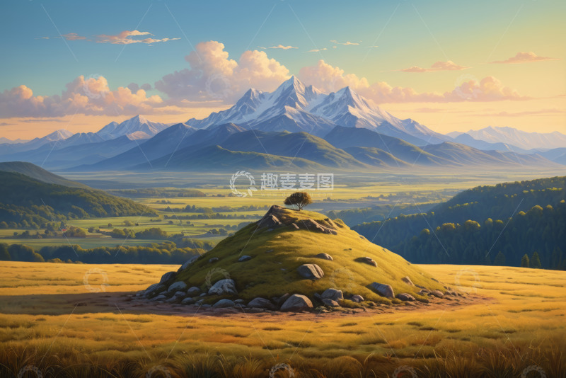 高清大图下载【趣麦麦图】草原山丘与远处雪山风景