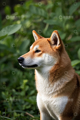 户外草地中的柴犬侧视图