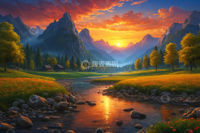 高清大图下载【趣麦麦图】山间河畔日落自然风光