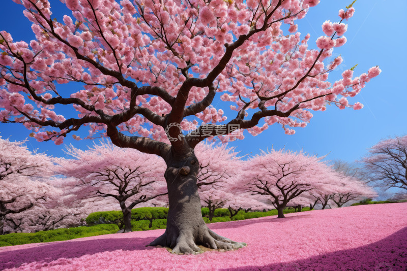高清大图下载【趣麦麦图】盛开的樱花树与粉色花毯