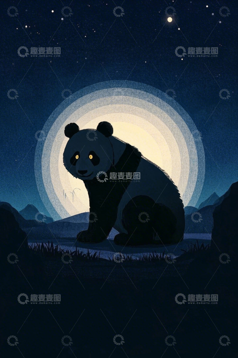 高清大图下载【趣麦麦图】月夜下的熊猫坐立场景
