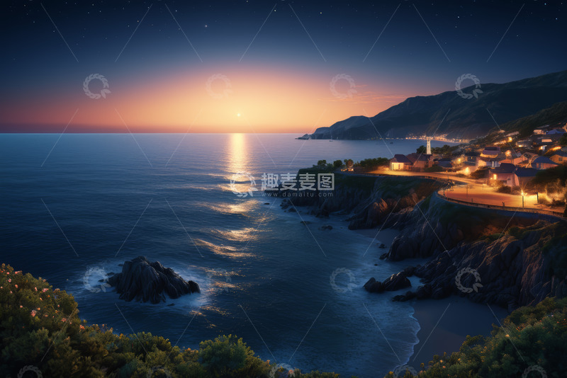 高清大图下载【趣麦麦图】海岸边日落时的村庄与海景