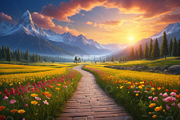 山间花田小径日落美景