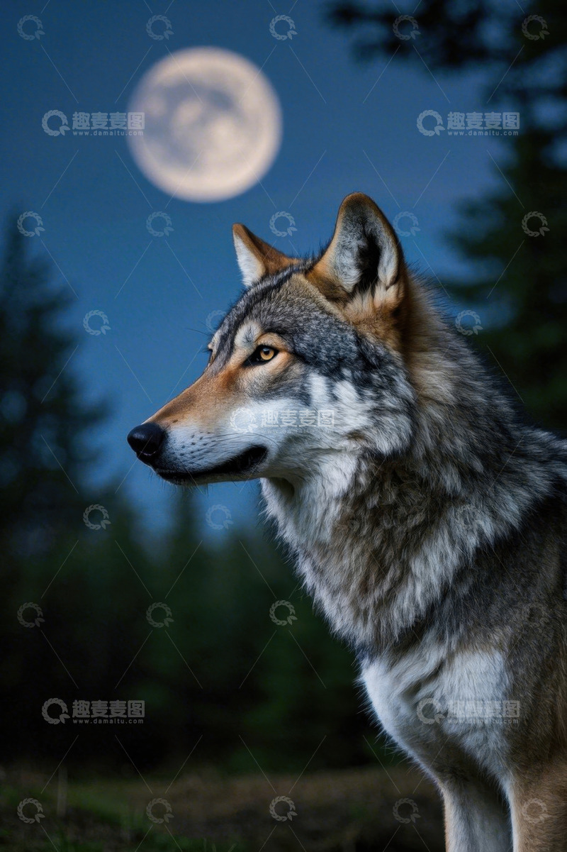 高清大图下载【趣麦麦图】月夜下的狼侧影