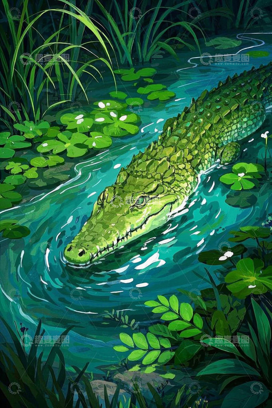 水中游动的鳄鱼插画素材