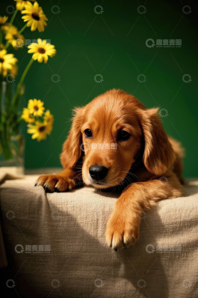 高清大图下载【趣麦麦图】趴着的棕色小狗与黄色花朵